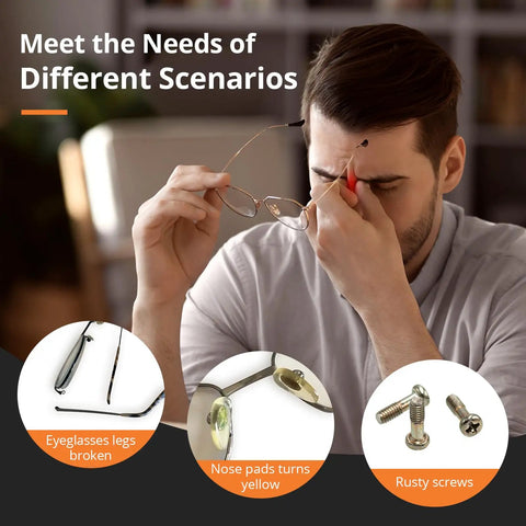 Man frustrated over broken eyeglasses showcasing eyeglass repair needs for All In One Eyeglass Repair Kit With Eight Screwdriver Types.
