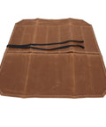 Open khaki Waxed Canvas Chef Knife Roll Bag Seven Slots with black straps, showing knife compartments for Kitchen Chefs, Camping, and Picnics