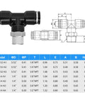 Diagram and specifications of Push To Connect Tee Fittings For Pneumatic Systems One Quarter Inch Tube OD To One Quarter Inch NPT Thread Male Branch Pack Of Ten Durable Plastic And Copper Quick Connect Air Line Fittings.