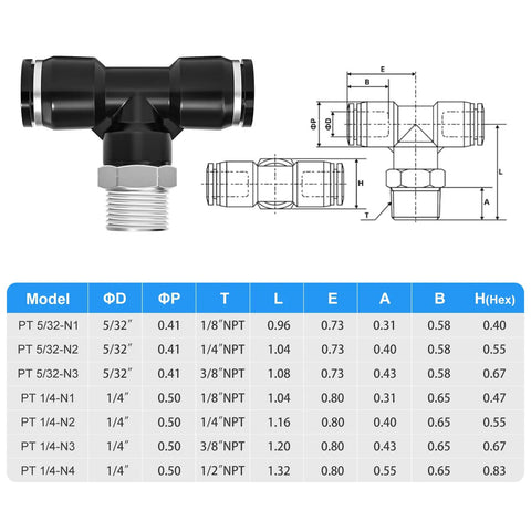 Diagram and specifications of Push To Connect Tee Fittings For Pneumatic Systems One Quarter Inch Tube OD To One Quarter Inch NPT Thread Male Branch Pack Of Ten Durable Plastic And Copper Quick Connect Air Line Fittings.