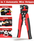 3 In 1 Self-Adjusting Wire Stripper And Crimping Tool Kit For 10-24 AWG with close-up of stripping, cutting, crimping functions