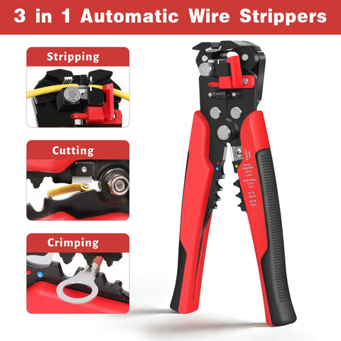 3 In 1 Self-Adjusting Wire Stripper And Crimping Tool Kit For 10-24 AWG with close-up of stripping, cutting, crimping functions