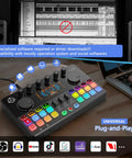 DJ mixer in a Four Person Podcast Starter Kit With Audio Interface And Four Dynamic Mics for recording and streaming