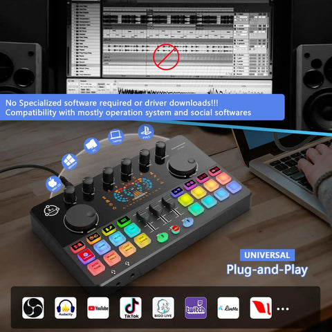 DJ mixer in a Four Person Podcast Starter Kit With Audio Interface And Four Dynamic Mics for recording and streaming