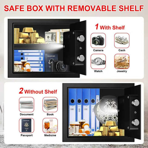 1.2 Cubic Feet Small Fire Safe Box For Home With Fireproof Build Digital Keypad Lock Spare Keys Removable Shelf A Stash Ready Personal Money Jewelry ID Documents Safe For Hidden Storage And Easy Access showing removable shelf options and contents.