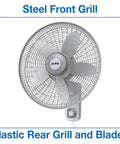 Commercial Grade 18 Inch Oscillating Wall Mount Fan With 3 Speed 120V Heavy Duty Metal Front Grill Impact Resistant Plastic Rear Grill Polypropylene Blades displayed.