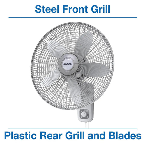 Commercial Grade 18 Inch Oscillating Wall Mount Fan With 3 Speed 120V Heavy Duty Metal Front Grill Impact Resistant Plastic Rear Grill Polypropylene Blades displayed.