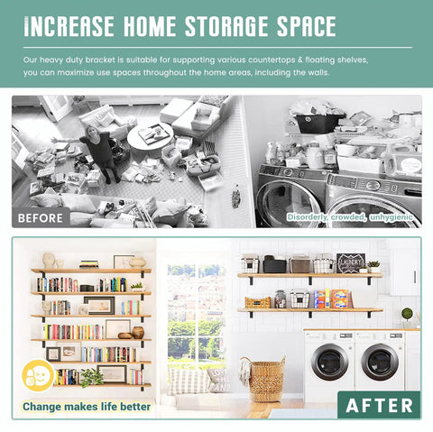 Heavy Duty Countertop Support Brackets 4 Pack 12 By 6 Inch L Shape Steel Corbels Thick 3/8 Wall Mount Shelf Braces supporting organized shelves.