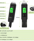 5 In 1 TDS Meter Salinity Tester EC Meter Temperature And pH Meter For Water Digital Water Tester Pool Salt Hydroponics with dimensions and features labels.