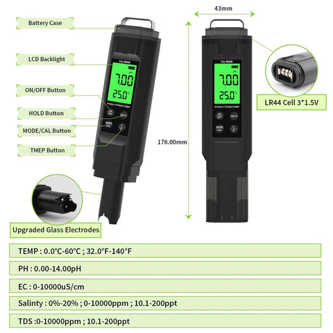 5 In 1 TDS Meter Salinity Tester EC Meter Temperature And pH Meter For Water Digital Water Tester Pool Salt Hydroponics with dimensions and features labels.