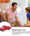 Father and son playing with 4.72 Inch Miniature Pickup Truck Model Alloy Metal Figurine For Collectors Who Dig and toys on floor.