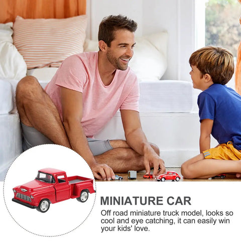 Father and son playing with 4.72 Inch Miniature Pickup Truck Model Alloy Metal Figurine For Collectors Who Dig and toys on floor.