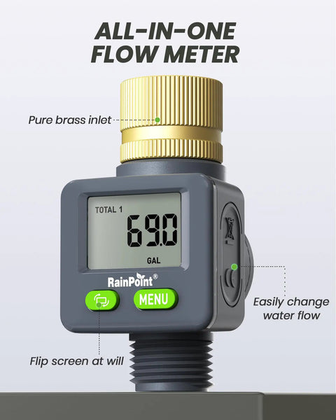 Real Time Water Flow Meter With Brass Inlet For Garden Hose And RV Use, 180 Degree Screen Flip, display showing 69 gallons