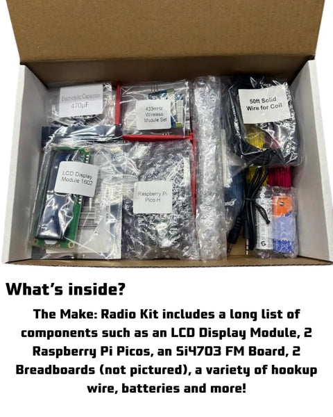 Hands-On Radio Electronics Kit Component Pack For 12 Experiments And DIY Circuits With Raspberry Pi Pico Duo displayed in open box