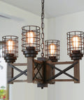 Wood Farmhouse Cage Chandelier Four Light Pendant For Kitchen Island Industrial Chic Dining Table Vintage Edison Ceiling Light Brown And Black Rustic Fixture
