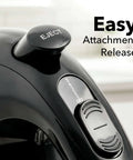 Close-up of 5 Speed Corded Hand Mixer With Stainless Steel Whisks, Compact Portable Design, showing eject button and speed dial