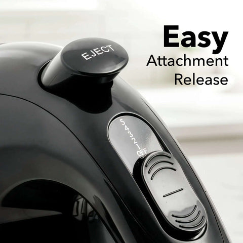 Close-up of 5 Speed Corded Hand Mixer With Stainless Steel Whisks, Compact Portable Design, showing eject button and speed dial