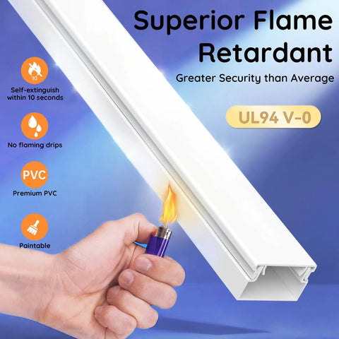 A hand holding a lighter near a UL94 V-0 rated 236 Inch Wall Cable Hider Kit For TVs Easy DIY Wire Concealer Raceway with tape or screws.