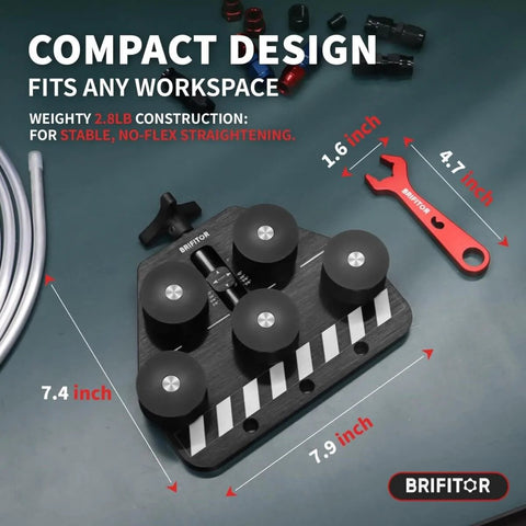 Pro Grade Tubing Straightener For Copper Aluminum And Soft Stainless Steel Brake Lines From Three Sixteenths Inch To One Inch Diameter With Red 6AN Fittings Wrench displayed with compact design and dimensions