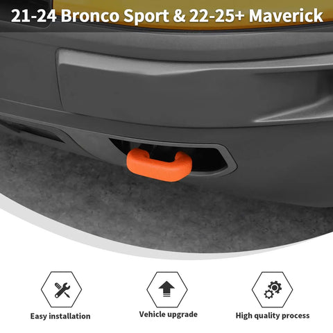 Ford Bronco Sport with orange Tow Hook Covers For Ford Bronco Sport And Maverick FX4 Off-Road Tremor, rubber sleeve visible.