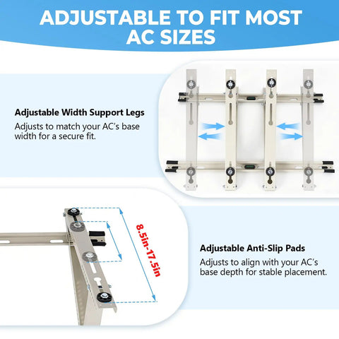Adjustable Rooftop Mini Split Mount Bracket For Ductless AC And Heat Pump, showing adjustable width support legs and anti-slip pads.