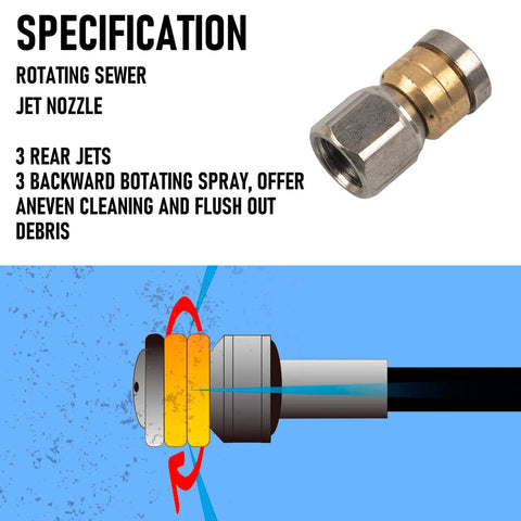 Rotating button nose nozzle for Pro Grade Heavy Duty Drain Sewer Jetter Kit For Pressure Washers With 50 Foot Hose And Four Thousand Psi