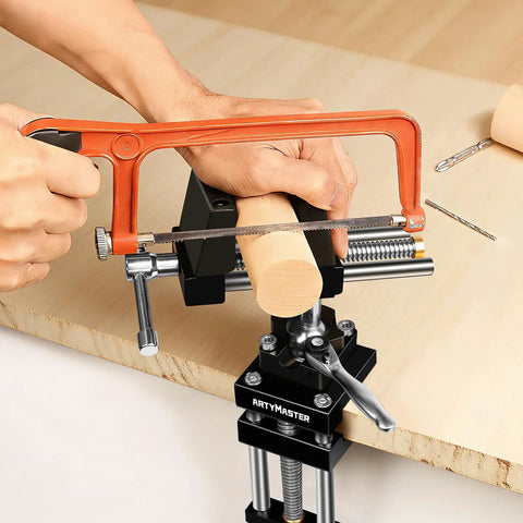 360 Degree Rotating Bench Vise With Quick Release Ratchet Wrench For Woodworking And Pipe Workbench Vise The Go To Tool For Carving Repair And DIY Projects In Home Shop 4 Inch holding a wooden dowel as a person cuts it with a hacksaw.