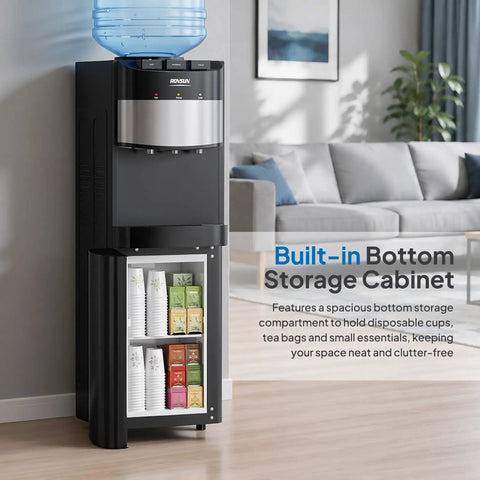 Top Loading Water Cooler Dispenser with Three Temperature Settings, 3L Cold Tank and 1L Hot Tank in living room