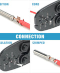 Pro Grade Open Barrel Crimp Tool For Molex AMP TYCO Deutsch Terminals 24 14 AWG showing different crimp stages