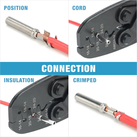 Pro Grade Open Barrel Crimp Tool For Molex AMP TYCO Deutsch Terminals 24 14 AWG showing different crimp stages