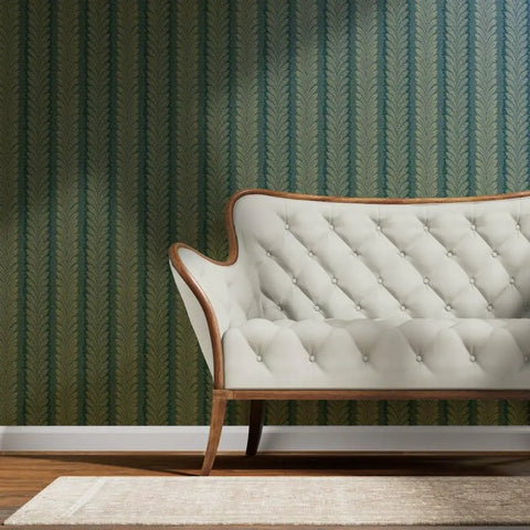Next Level Gold Metallic Wallpaper Featuring Elegant Dots Pattern With Luxe Fibrous Texture For A Big Time Room Glow Up Eco Friendly Usa Made Wall Covering High End Decor Paste The Wall Ready in a stylish living room with a white tufted sofa.
