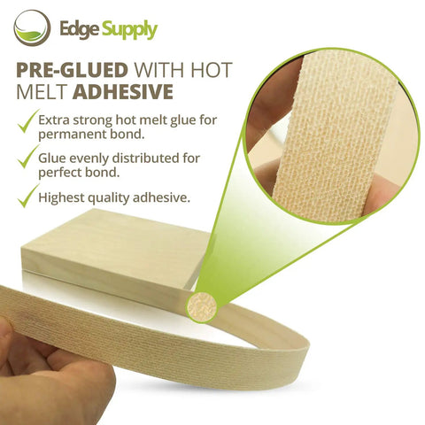Pre-glued beige maple edge banding roll with adhesive close-up for DIY furniture restoration and cabinets.