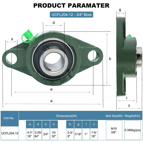 Four Pack Pillow Block Bearing Three Quarter Inch Bore Flange Mount Self Aligning Cast Iron Housing With Set Screw Locking Two Bolt Flange
