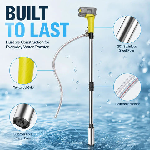 Cordless Stick Water Transfer Pump Roams Free Without Power Cords And Sniffs Out Standing Water Fast with textured grip and stainless steel pole.