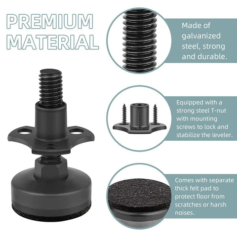 Heavy Duty 8 Pack 3/8-16 Threaded Furniture Levelers With Adjustable Feet, T-Nut, Felt Pad Features, Steel Material