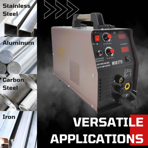 MIG Welder 175A with Aluminum Spool Gun for Quick Start and Auto Synergistic Settings, voltage tuning, versatile applications