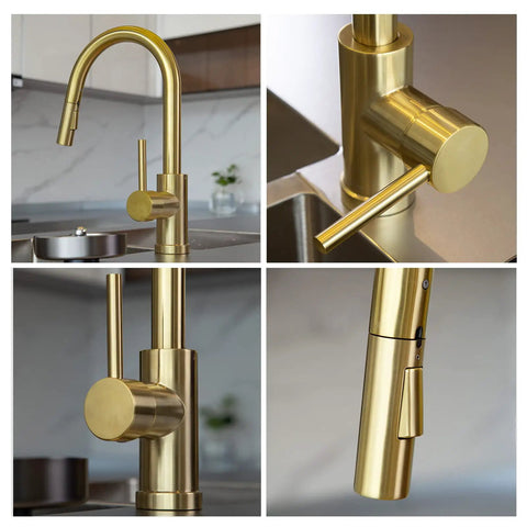 Brushed Gold Kitchen Faucet With Pull Down Sprayer Solid Brass Construction Single Hole Mount With Deck Plate One Handle No Fuss Setup Reach Technology And Flexible Swivel Hose For Easy Sink Access