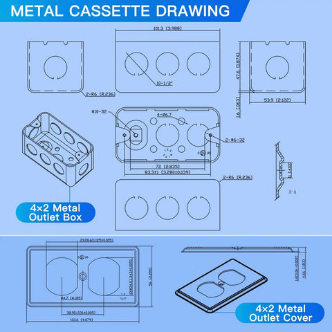 Technical drawing of Galvanized Steel Electrical Box Cover Set For Duplex Receptacle 4 by 2 Inch Boxes with dimensions and knockouts.
