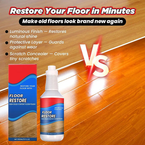 Two Pack Floor Restore Spray For Wood Tile Laminate Vinyl And Bamboo Floors Make Floors Pop Shine Renewal Polish Quick Dry Protective Finish Deep Clean Protective Layer For Dull Surfaces with bottle and packaging on a polished floor