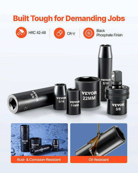 3/8 Inch Drive Impact Socket Set, 50-Piece SAE 5/16 to 3/4 Inch and Metric 8-22mm, Deep and Shallow 6-Point CR-V Steel