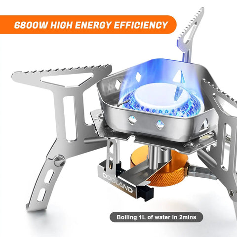 High Output Windproof Camp Stove For Outdoor Cooking With Windscreen Piezo Ignition Fuel Canister Adapter Carry Case Portable Collapsible Stove Burner For Backpacking Hiking And Picnics with blue flame heating pan