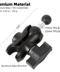 Heavy-Duty 1-Inch To 17mm Ball Adapter With 2.36-Inch Short Double Socket Arm For RAM B-Size Mounts Garmin GPS And 17mm Swivel Ball Phone Mounts Aluminum Alloy With Rubber-Coated Ball For Rock-Solid Stability. Aluminum alloy short arm with 17mm and 25mm TPU balls