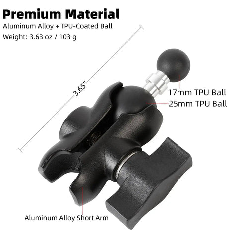 Heavy-Duty 1-Inch To 17mm Ball Adapter With 2.36-Inch Short Double Socket Arm For RAM B-Size Mounts Garmin GPS And 17mm Swivel Ball Phone Mounts Aluminum Alloy With Rubber-Coated Ball For Rock-Solid Stability. Aluminum alloy short arm with 17mm and 25mm TPU balls