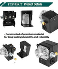 Pressure Switch With Unloader And Four Port On Off Lever 135 To 175 PSI For Five HP Reciprocating Air Compressors 2340 2475 2545 7100 Replacement Part Built Tough For Heavy Duty Use Premium Replacement Part Fits 2340 2475 2545 And 7100 Models, multiple views and components.
