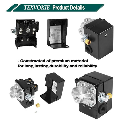 Pressure Switch With Unloader And Four Port On Off Lever 135 To 175 PSI For Five HP Reciprocating Air Compressors 2340 2475 2545 7100 Replacement Part Built Tough For Heavy Duty Use Premium Replacement Part Fits 2340 2475 2545 And 7100 Models, multiple views and components.