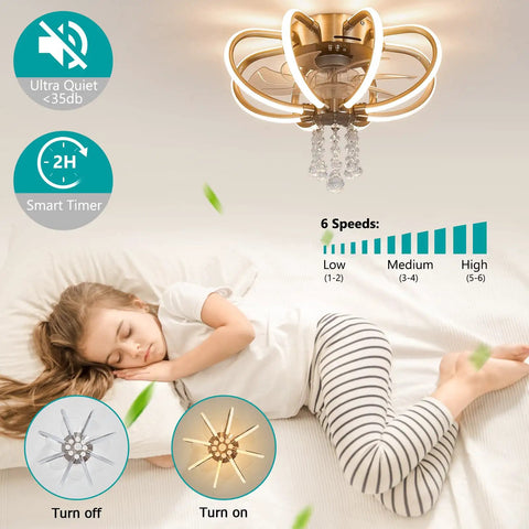 Child sleeping under Go To Led Ceiling Fan With Lights In Brushed Nickel, remote control, dimmable LED, adjustable color temperature.