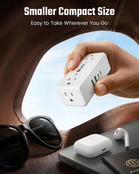 3 Ft Short Extension Cord Surge Protector Power Strip 8 In 1 compact size with 4 AC outlets and USB ports, ideal for travel.