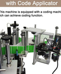 Heavy Duty Desktop Automatic Round Bottle Labeling Machine With Chain Plate Conveyor And Digital Coding, High Velocity Applicator For Plastic And Glass Containers, 110V No Sweat Setup close-up of coding applicator and rollers.