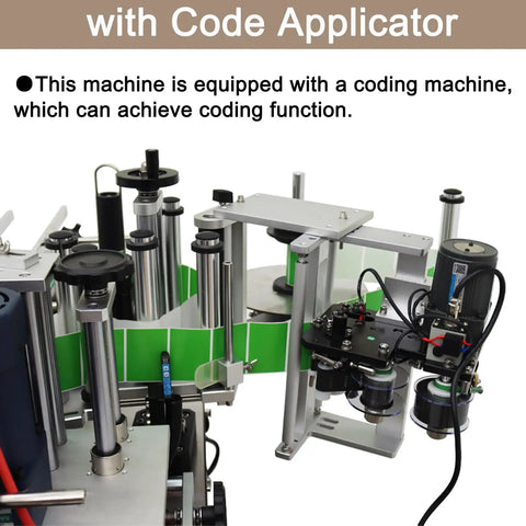 Heavy Duty Desktop Automatic Round Bottle Labeling Machine With Chain Plate Conveyor And Digital Coding, High Velocity Applicator For Plastic And Glass Containers, 110V No Sweat Setup close-up of coding applicator and rollers.
