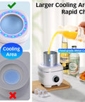 On Point Desktop Drink Chiller And Warmer With Heavy Duty Aluminum Mug and Cool Vibe Mood Light showing larger cooling area and pouring juice.
